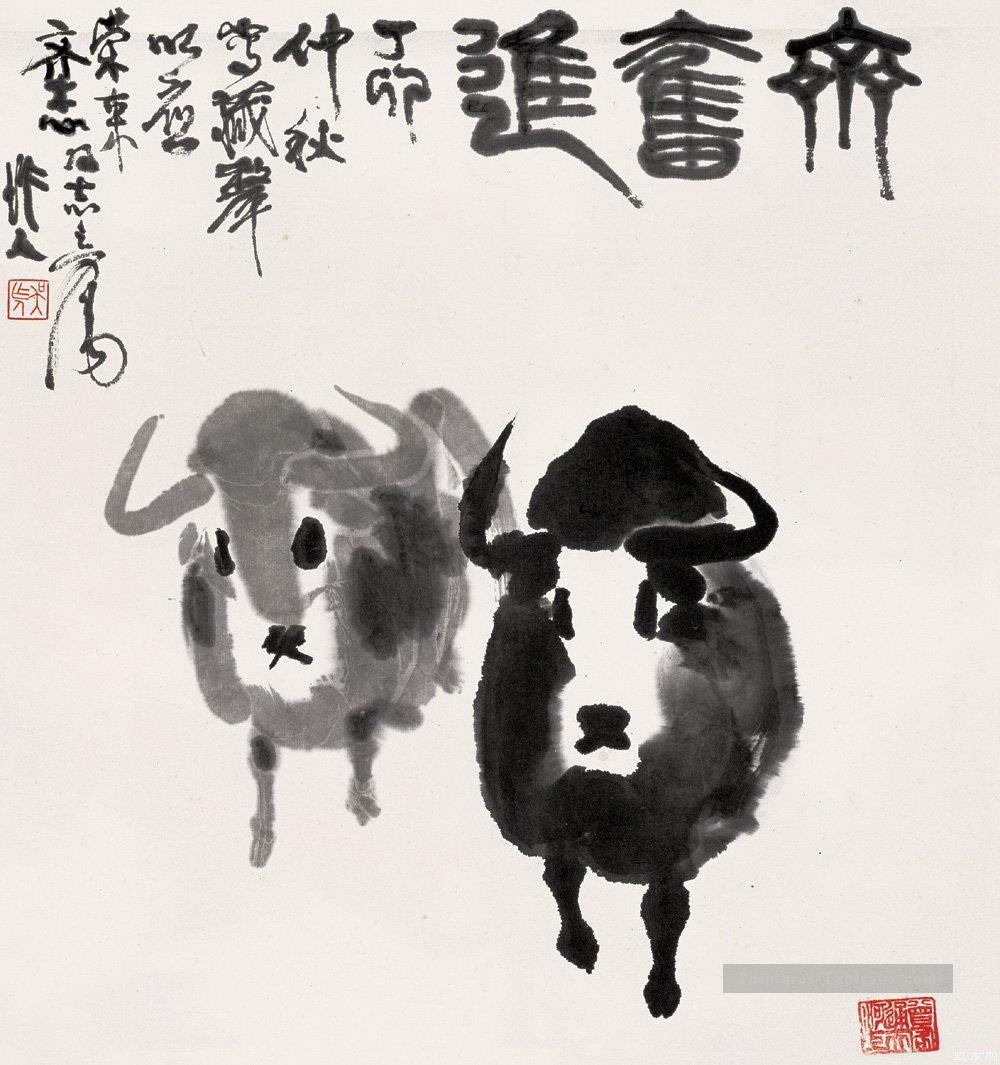 Wu zuoren deux bovins chinois traditionnel Peintures à l'huile